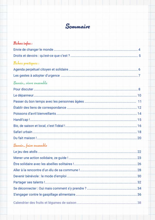 Sommaire du Carnet des 30 activités citoyennes et solidaires de l'ACE